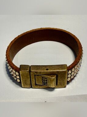 Heet Leather Rhinestone Bracelet with Antique Brass Clasp